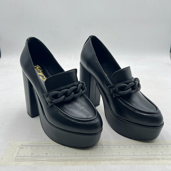 FOWT Black Platform Round Toe Pumps Chain Chunky High Heel Loafers Slip on Shoes - Picture 4 of 8